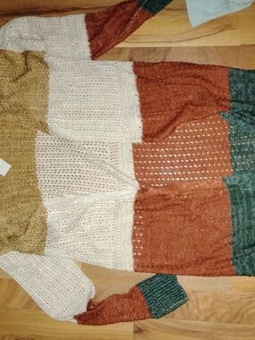 Maurices Colorblock Open-Knit Cardigan in Cream, Rust & Teal